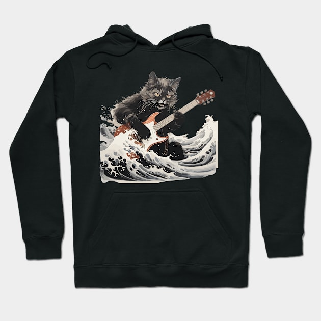 Cat guitar Kanagawa Wave Hoodie by VisionDesigner